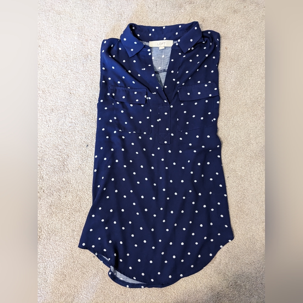 Loft navy sleeveless polka dot blouse